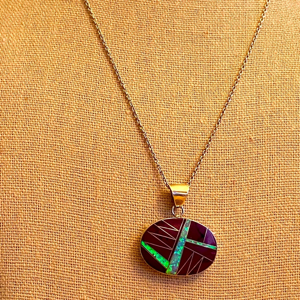 Amazing Native American sugilite and opaline inlay sterling silver pendant - Picture 1 of 9